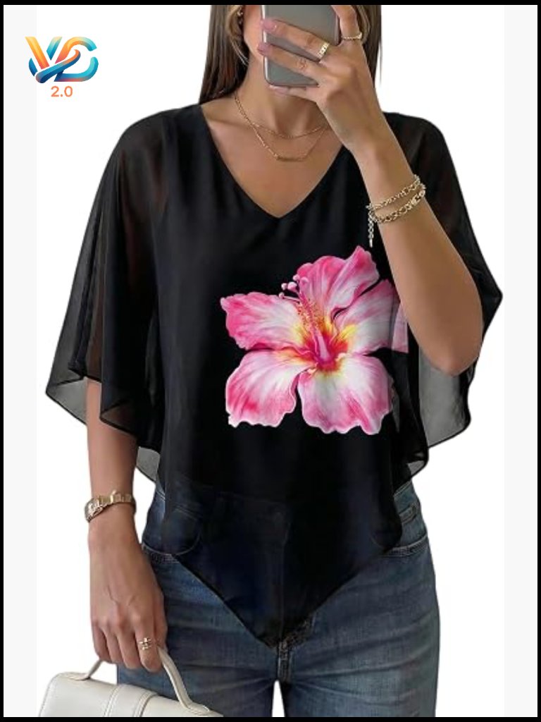 Boho Chiffon Poncho Top Batwing Sleeve Double Layered Blouse Beach Vacation
